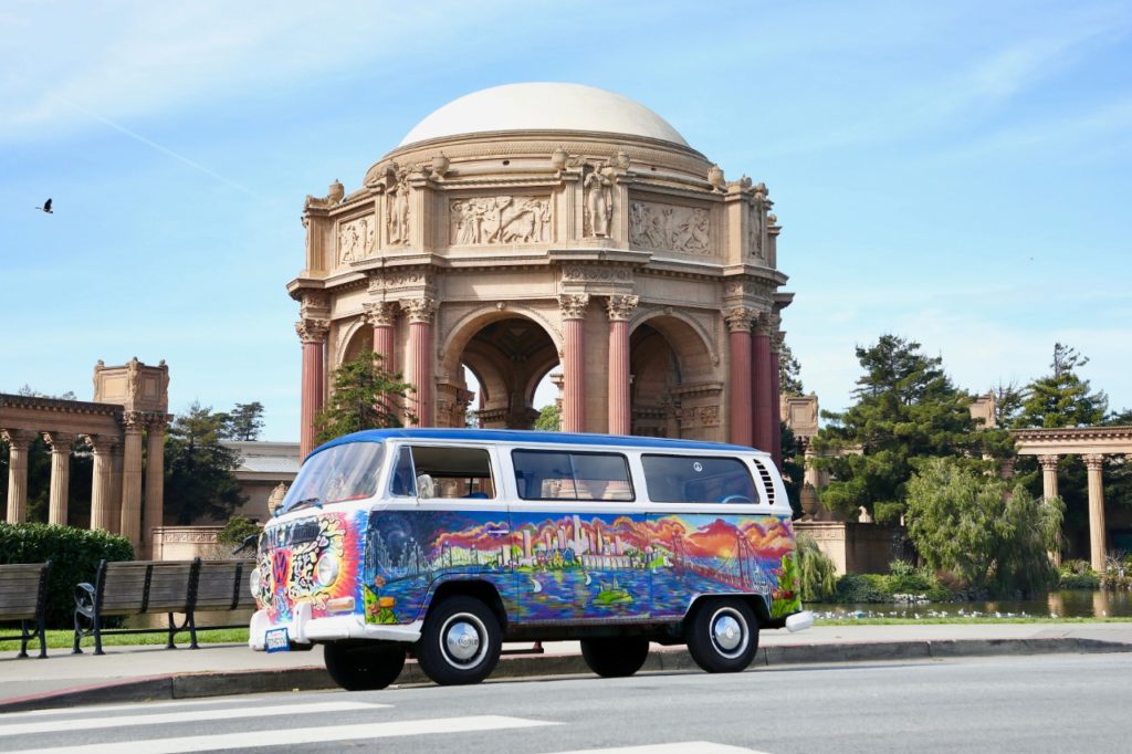 VW transporter from San Francisco Love Tours with Palace of the Fine Arts in the background