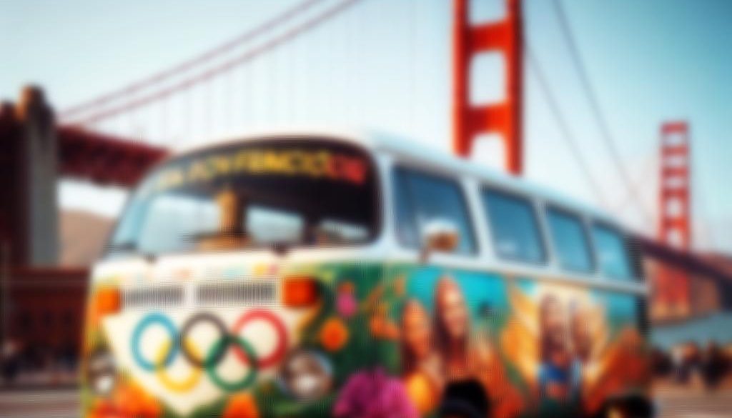 San Francisco Love Tour Bus in front of Golden Gate Bridge