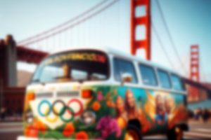 San Francisco Love Tour Bus in front of Golden Gate Bridge