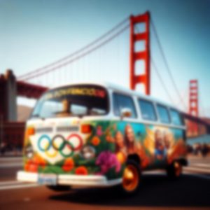 San Francisco Love Tour Bus in front of Golden Gate Bridge