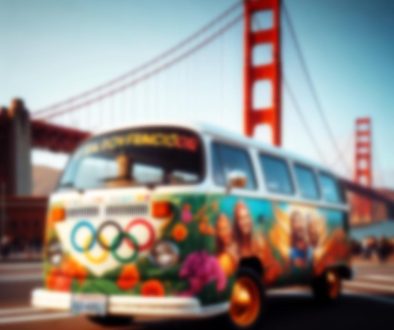 San Francisco Love Tour Bus in front of Golden Gate Bridge