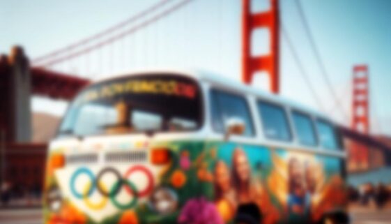San Francisco Love Tour Bus in front of Golden Gate Bridge